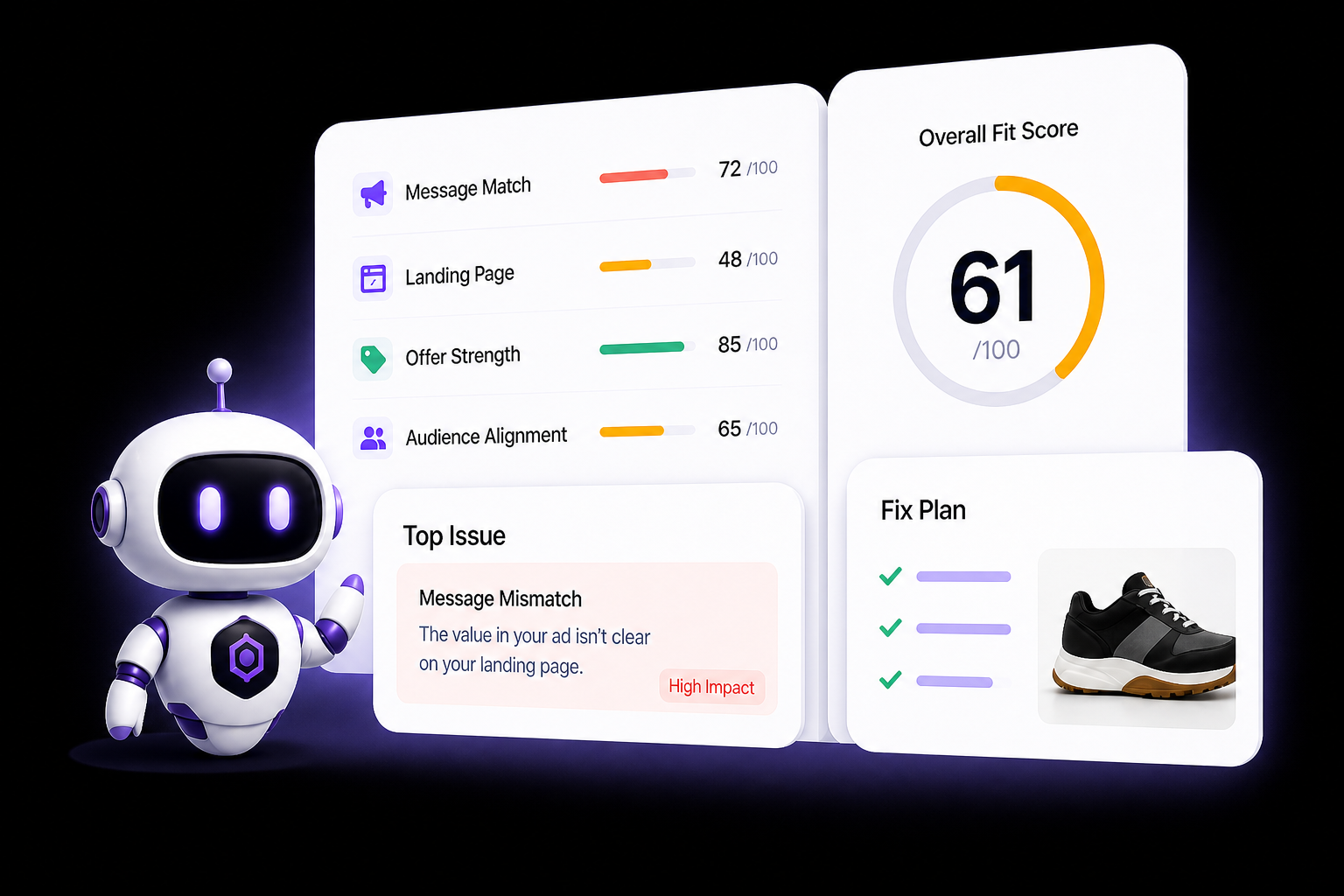 Campaign Analyser by Emblify AI preview showing campaign score, message match, landing page relevance and recommended fixes